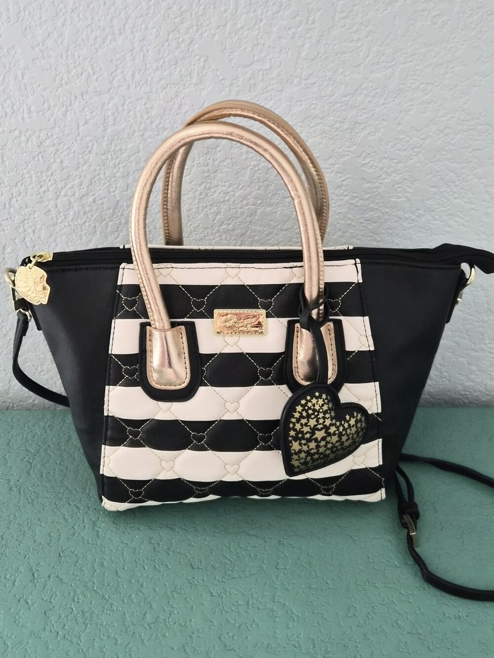 Luv Betsey Striped Quilted Heart Satchel Crossbody Bag Y2K Alt Indie E-Girl